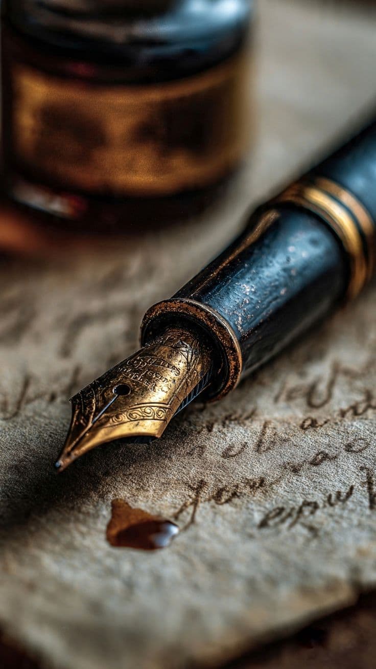 A gold fountain pen poised over a letter